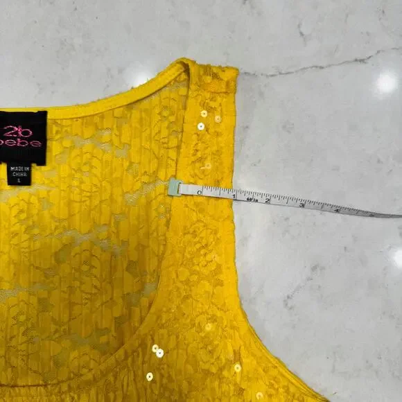 bebe Lace Sequin Tank Top Yellow Women's Large Y2K McBling Floral Clubwear 2000s - Picture 5 of 16